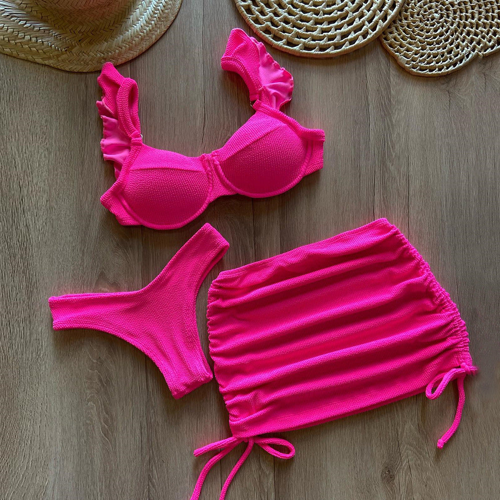 Hot Pink Three-Piece Bikini Set with Skirt