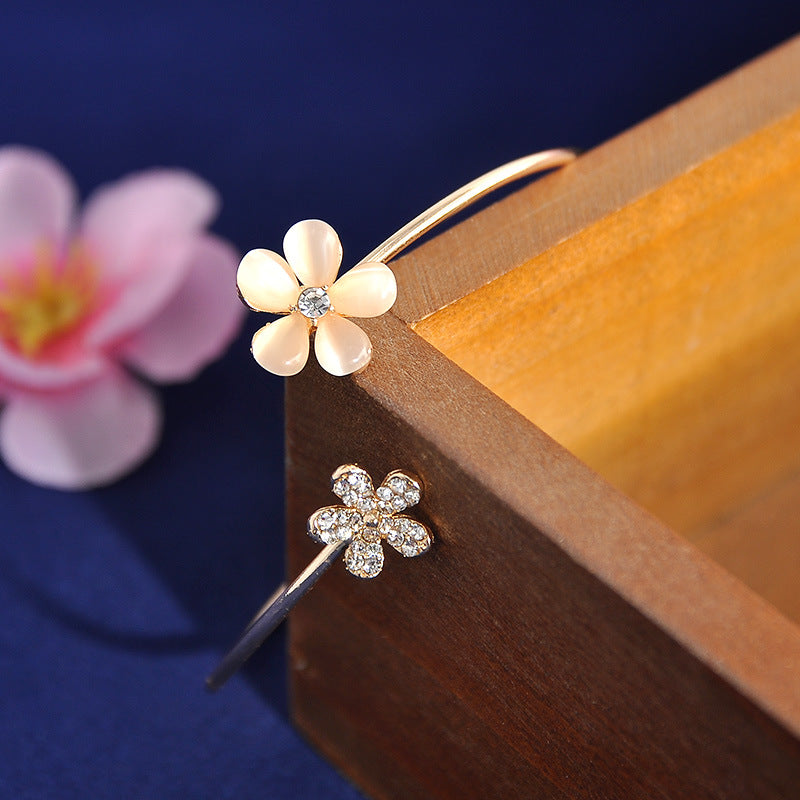Korean Style Daisy Open Bangle with Cat's Eye Stones