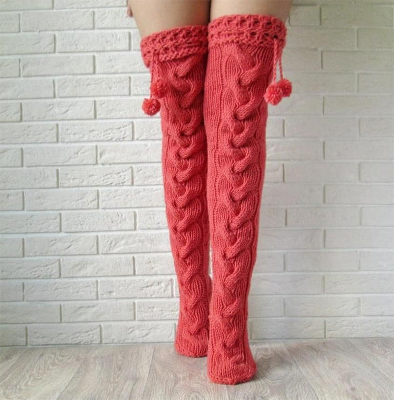 Knitted Garter Hair Ball Over Knee Stockings
