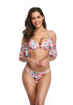 Striped Fruit Print Cold-Shoulder Ruffle Bikini Set