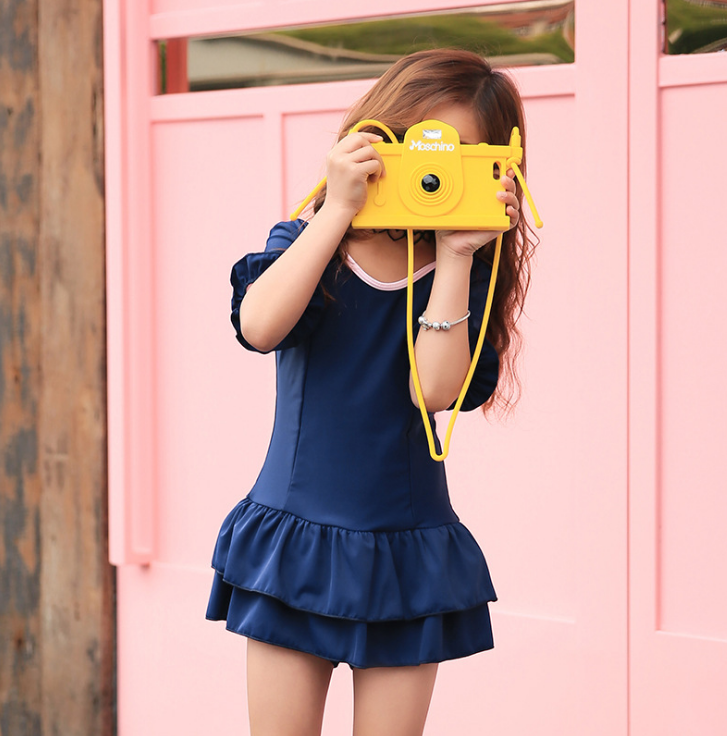 Girls Navy Ruffle One-Piece Swim Dress