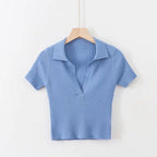 V-Neck Solid Color Short Sleeve Knit Crop Top