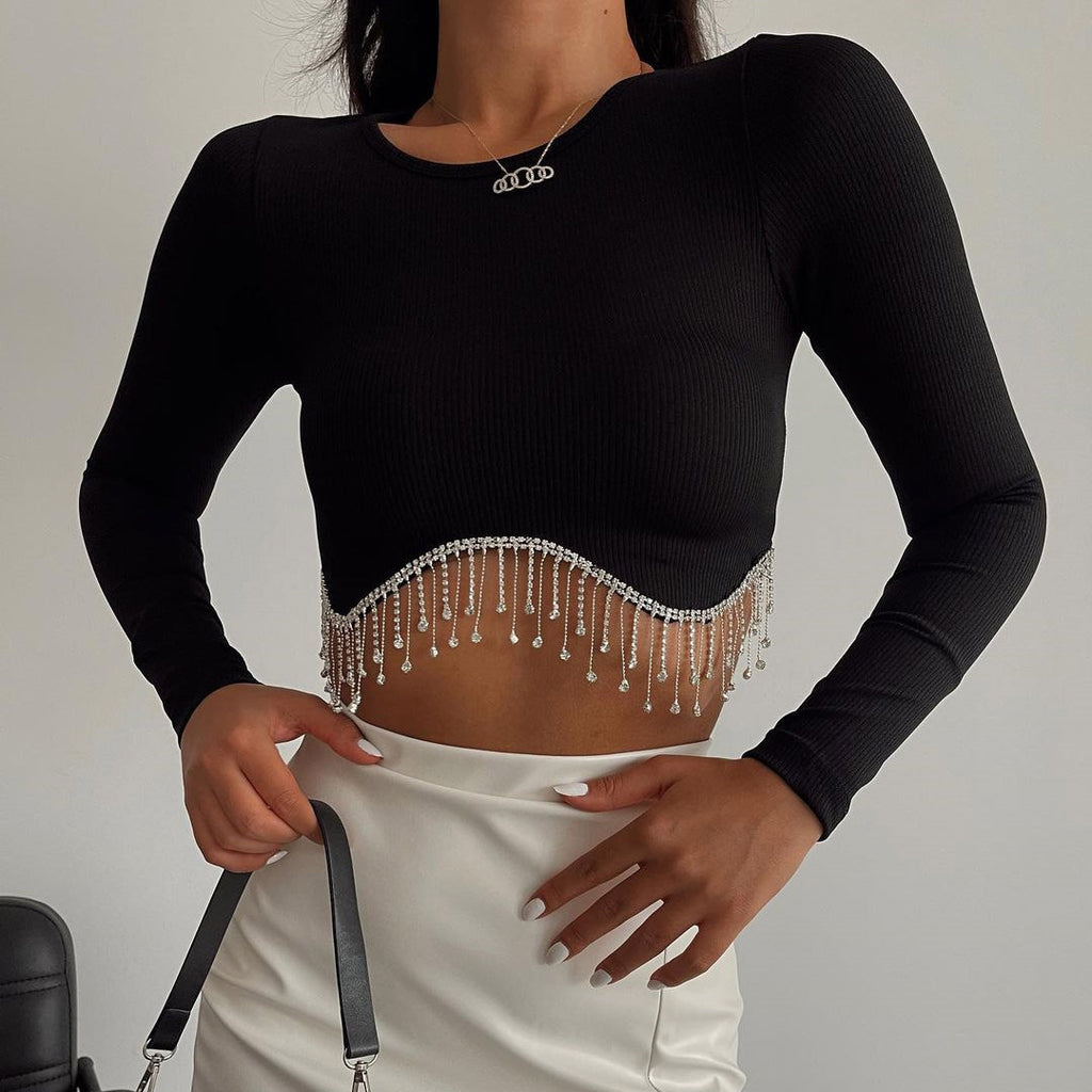 Fashionable Long Sleeve Rhinestone Crop Top for Women