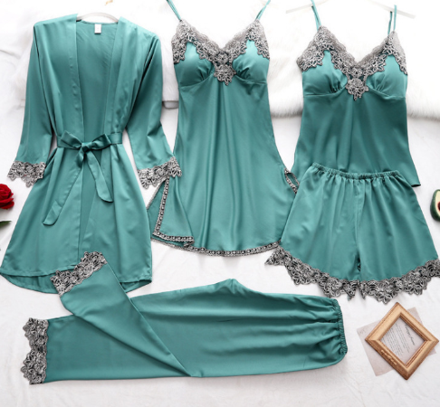 Lace Trim Velvet Long Sleeve Sleepwear Set for Women