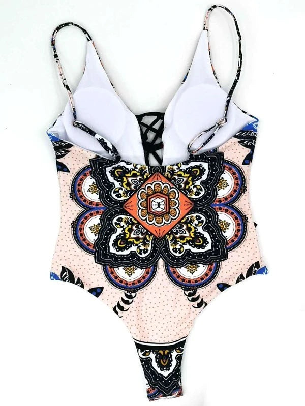 Boho Mandala Print Lace-Up Plunge One-Piece Swimsuit