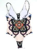 Boho Mandala Print Lace-Up Plunge One-Piece Swimsuit