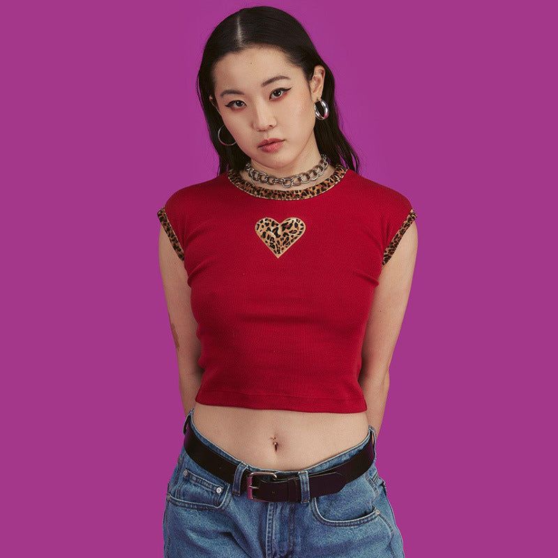 Leopard Print Heart Crop Top Sleeveless T-Shirt