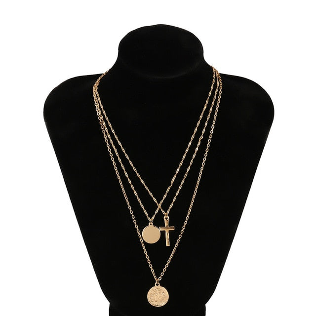 Retro Queen Cross Coin Layered Necklace for Women