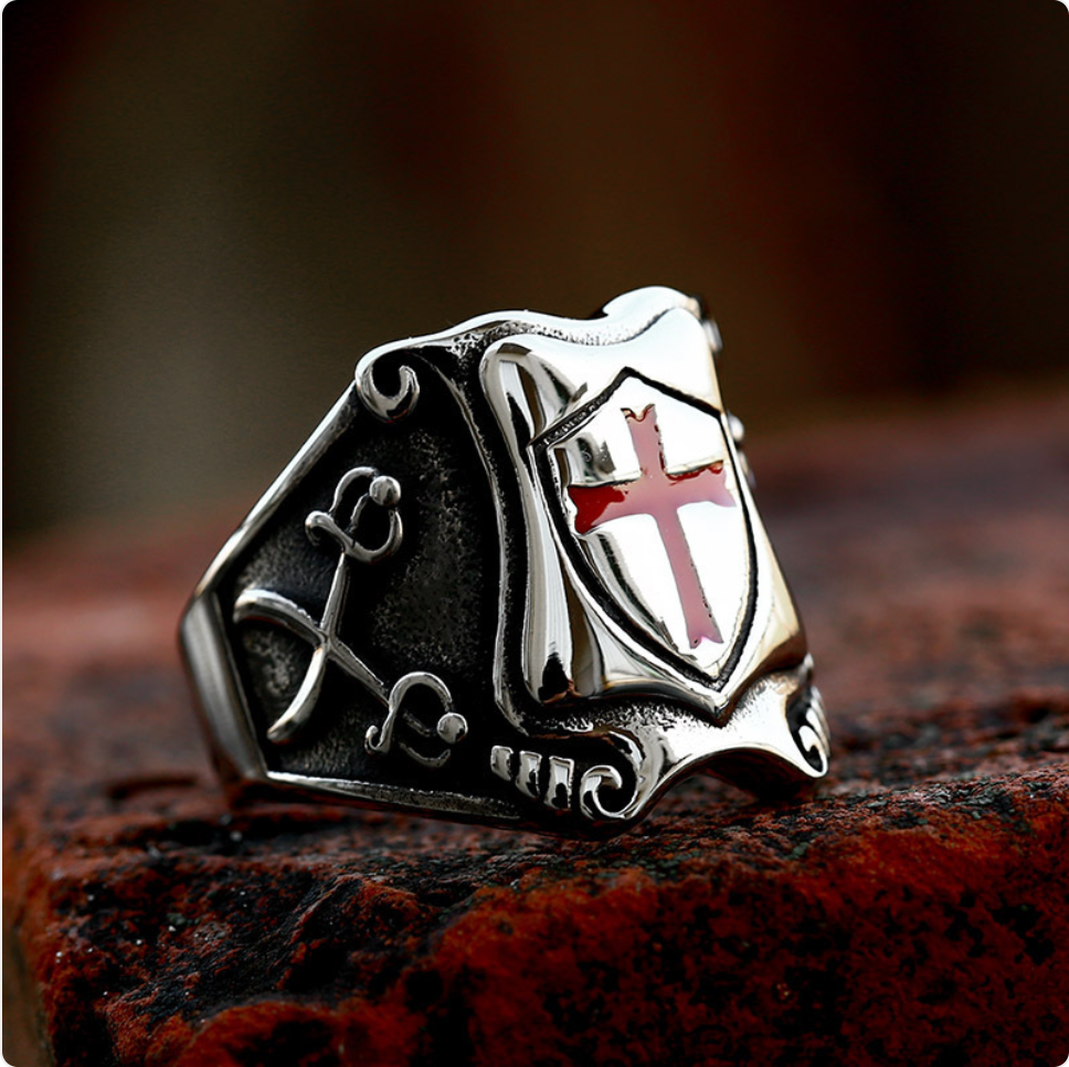 Stainless Steel Cross Shield Epoxy Ring – Bold and Durable Design