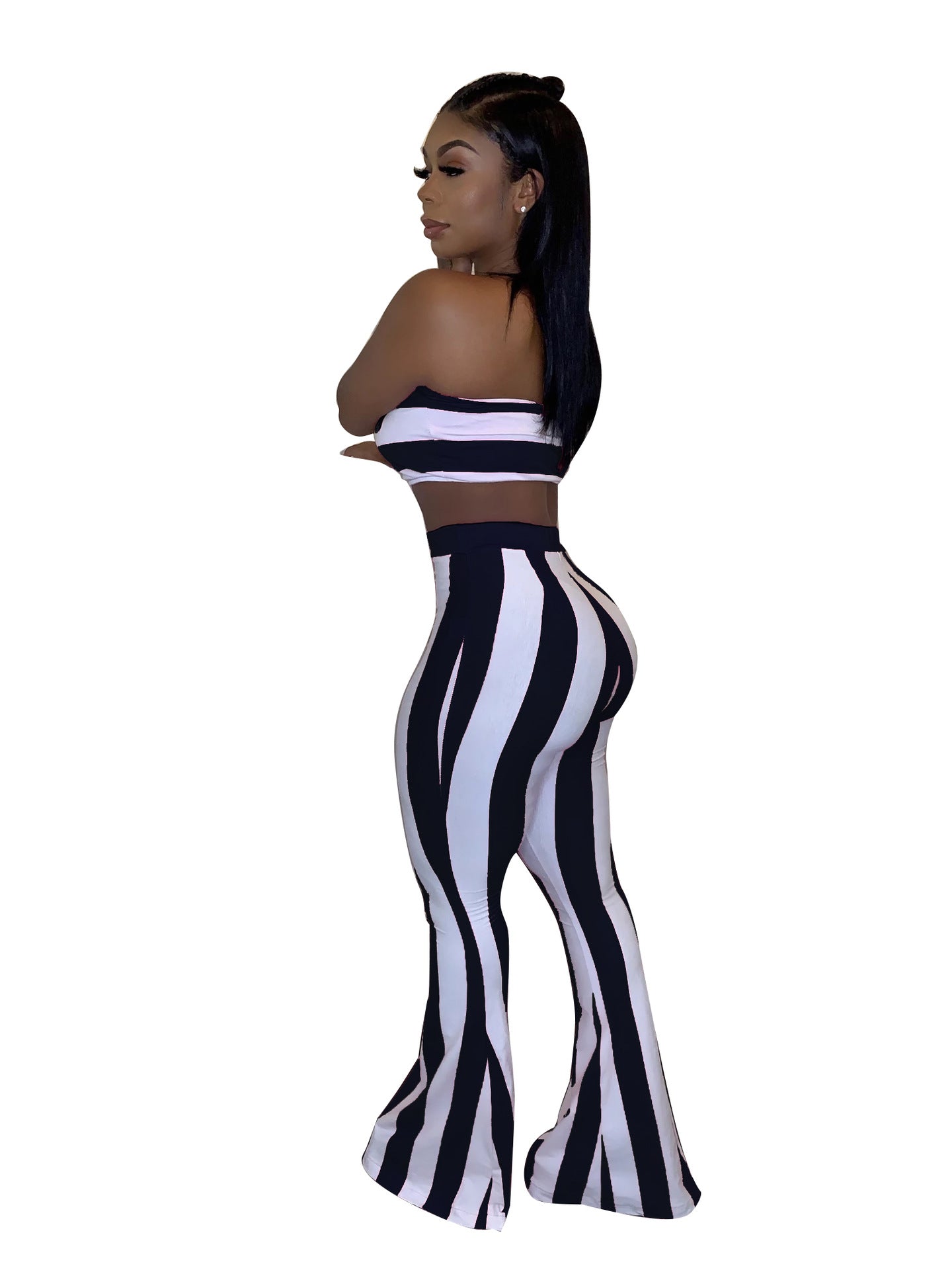 Candy Color Crop Top and Striped Flare Pants Set