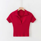 V-Neck Solid Color Short Sleeve Knit Crop Top