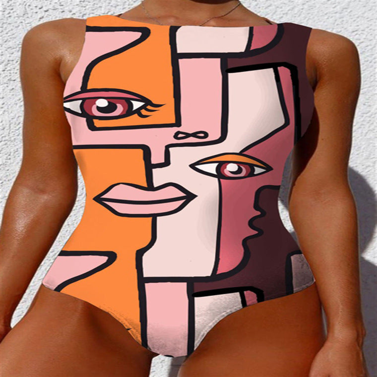 Plunge V Floral Vine Print One-Piece Swimsuit