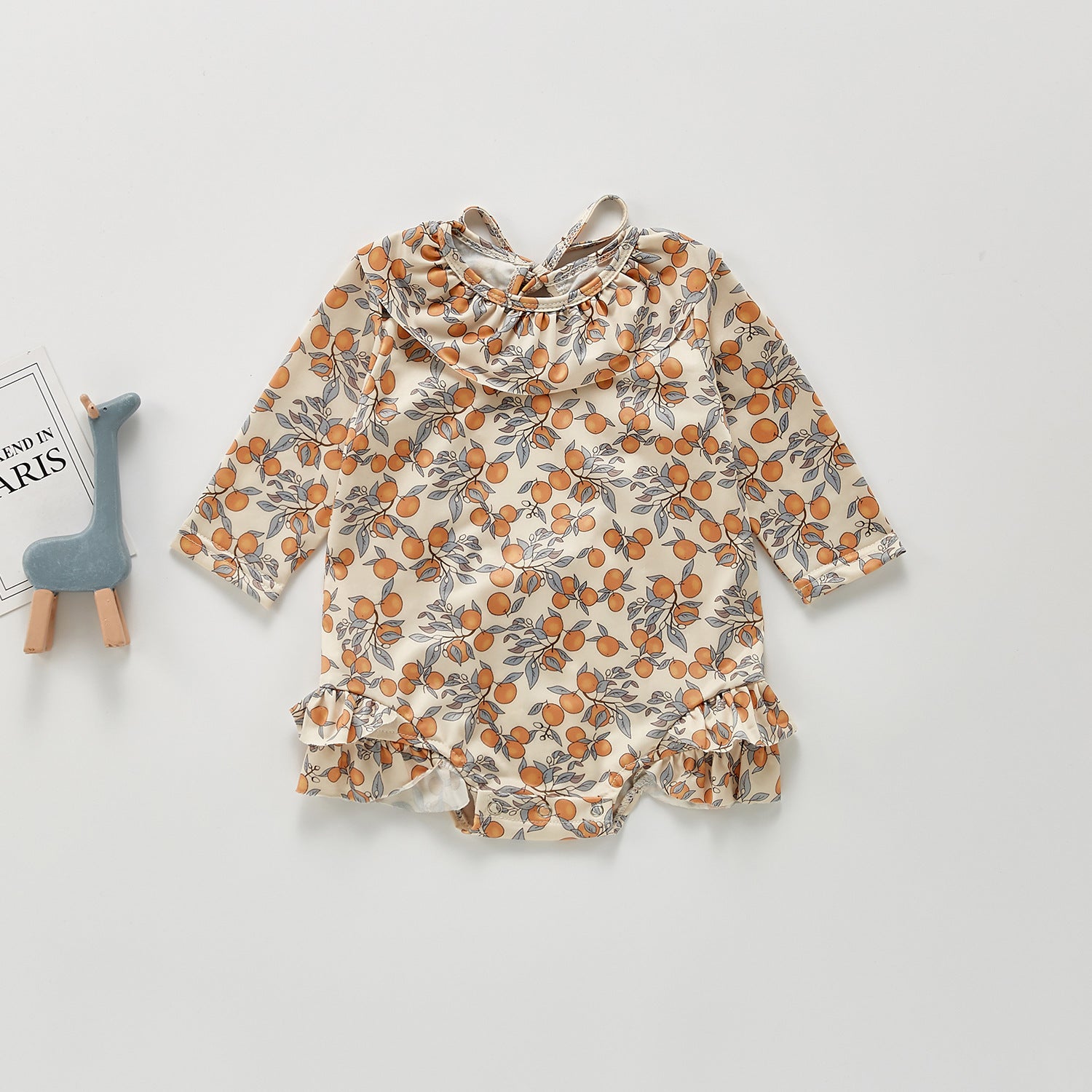 Baby Girl Orange Fruit Print Long Sleeve Ruffle Swimsuit