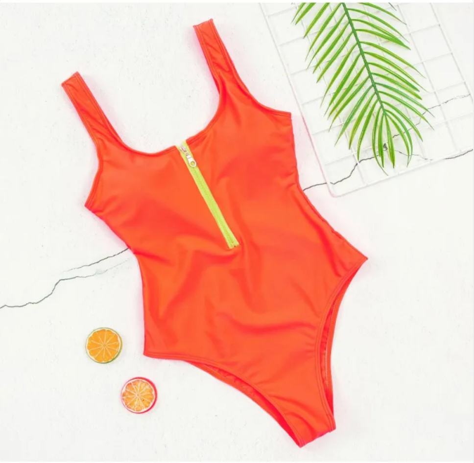 Neon Green Zip-Front One-Piece Swimsuit