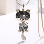 Long Sweater Chain with Cat Crystal Pendant Necklace
