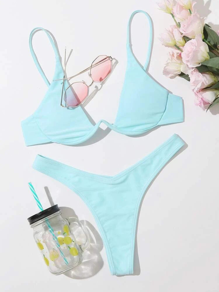 Two-Piece Steel Bracket Solid Color Bikini Swimsuit