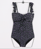 Black Purple Floral Print Tie-Strap One-Piece Swimsuit