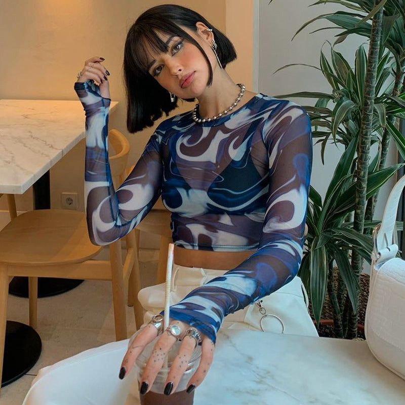 Q21TP574 Women's Casual Autumn Crop Top with Print