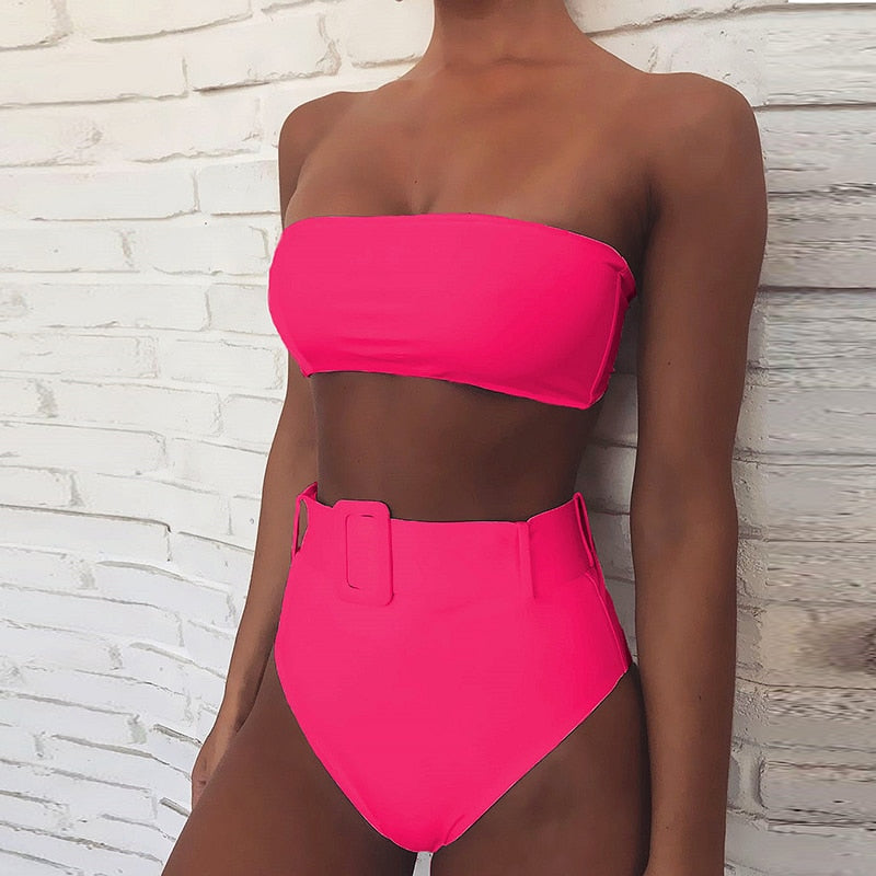 High-Waisted Belted Bandeau Bikini Set