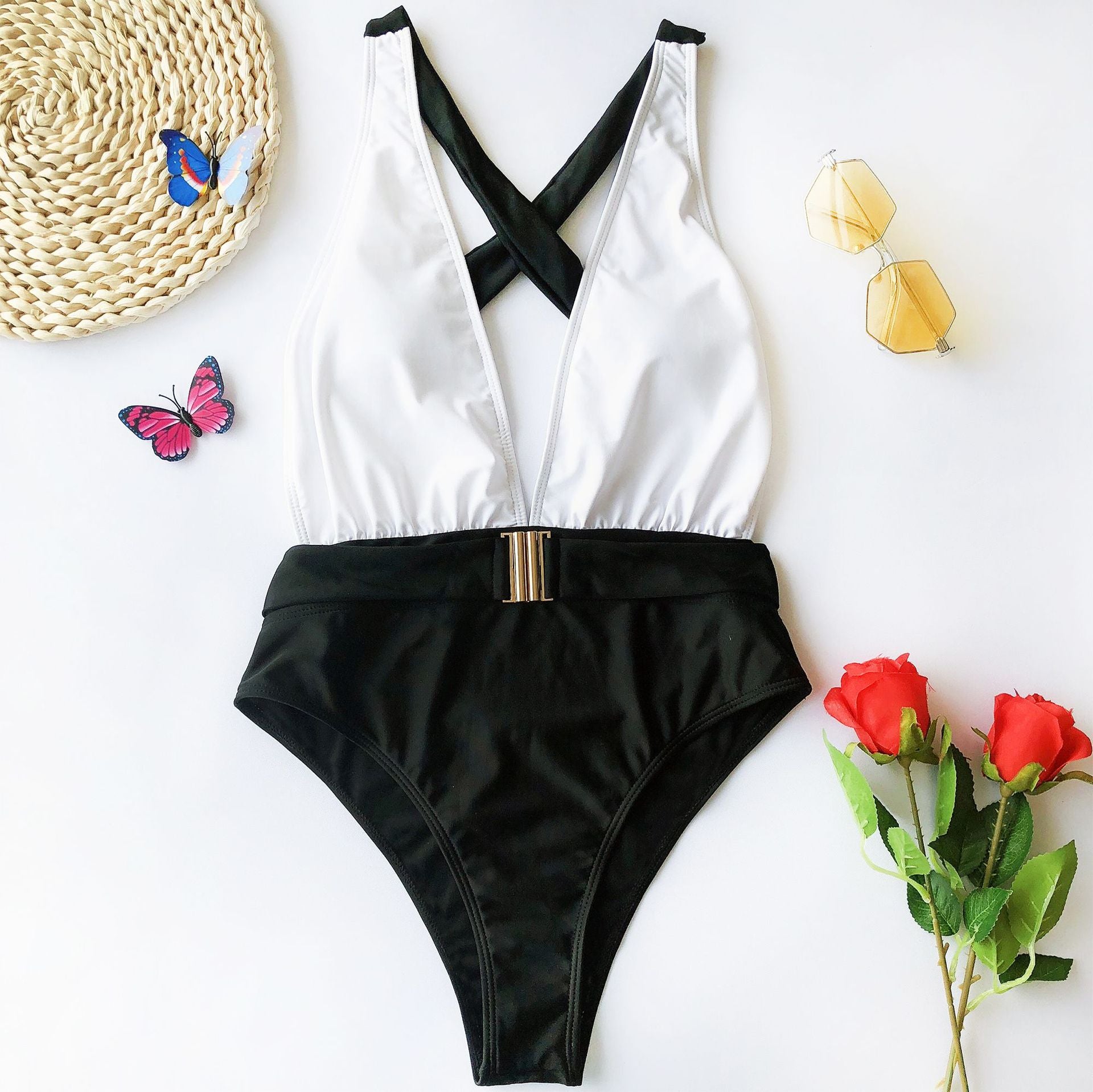 Color Block Plunge One-Piece Swimsuit with Belt