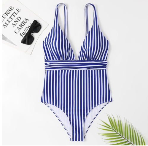 Women's Striped Deep-V Belted One-Piece Swimsuit