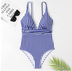 Women's Striped Deep-V Belted One-Piece Swimsuit
