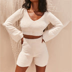 2020 Women's Plush V-Neck Crop Sweater & Shorts Set
