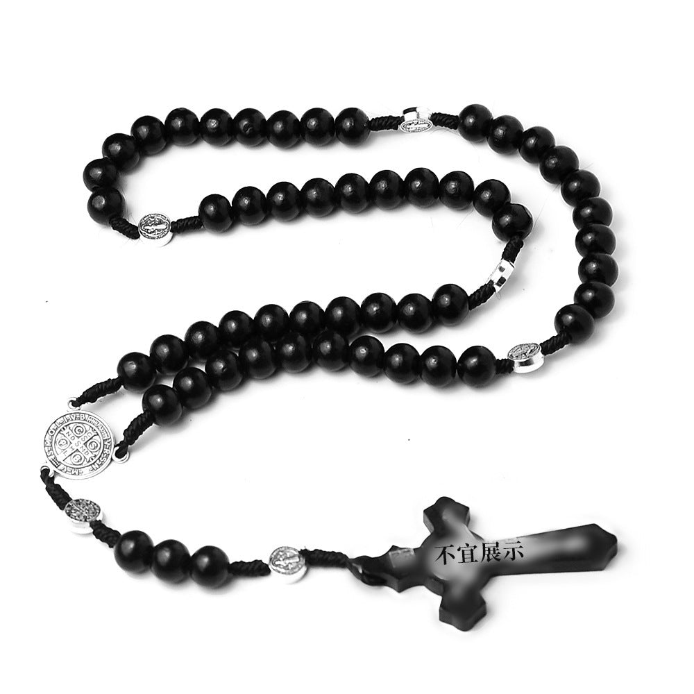 Natural Wood Bead Cross Rosary Necklace Handmade Jewelry