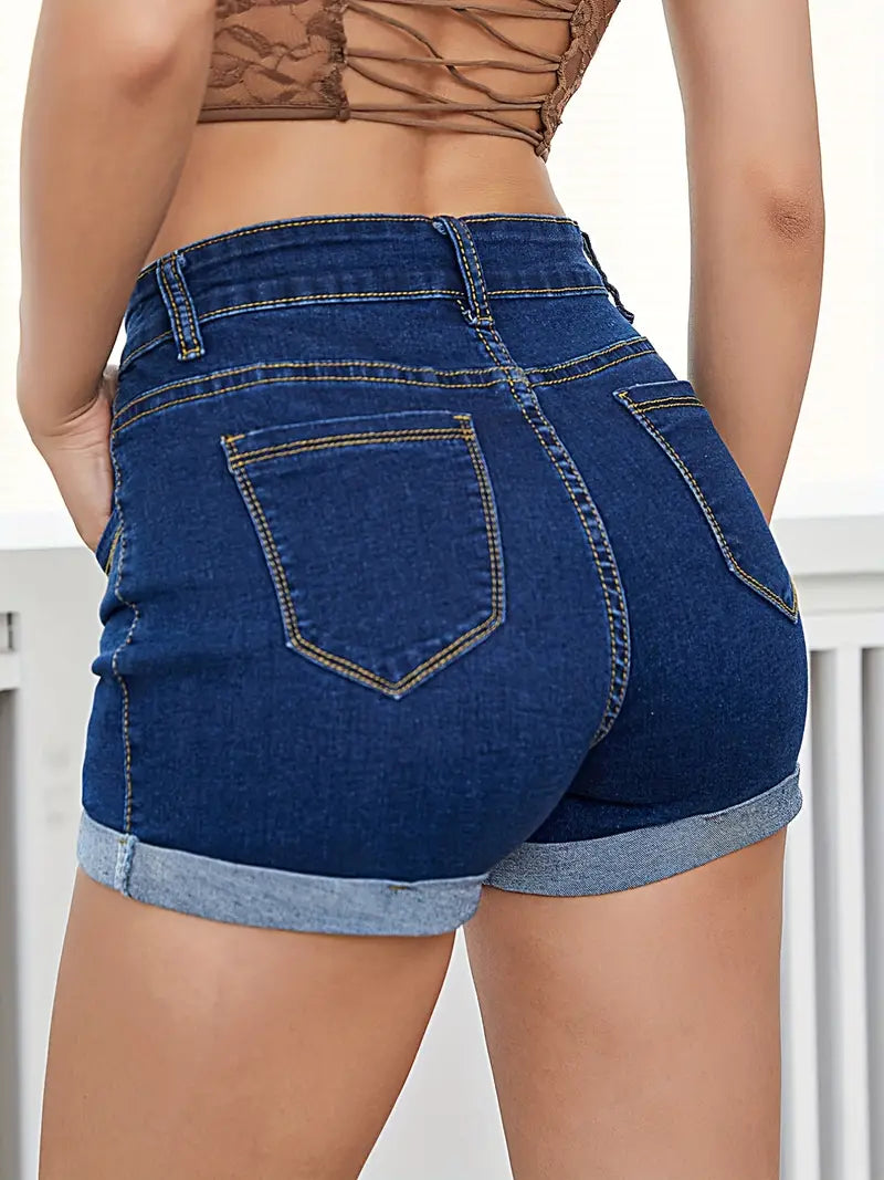 Dark Blue High Waist Slim Fit Denim Shorts for Women