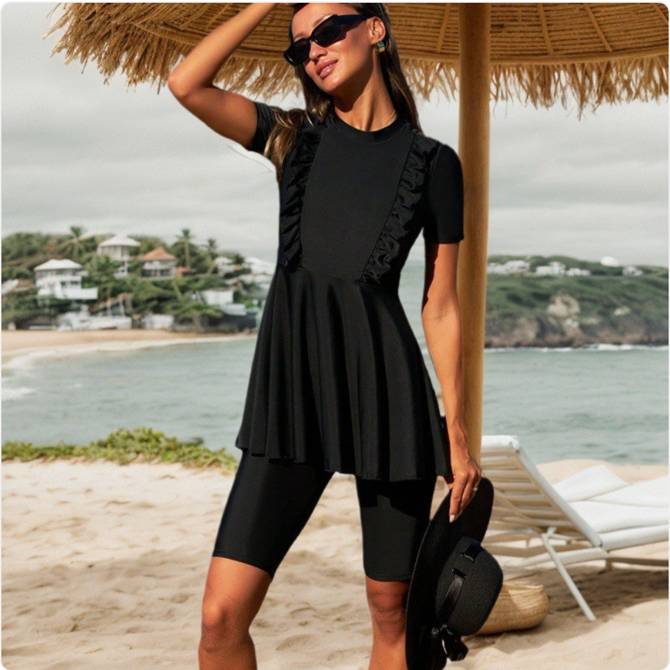 Black Swim Dress with Shorts Set