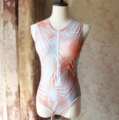 Palm Print Zip-Front One-Piece Swimsuit