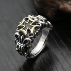 S925 Silver Punk Men's Cross Ring with Anchor Flower