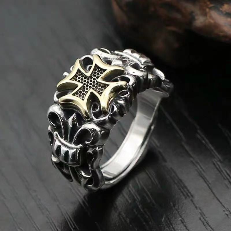 S925 Silver Punk Men's Cross Ring with Anchor Flower