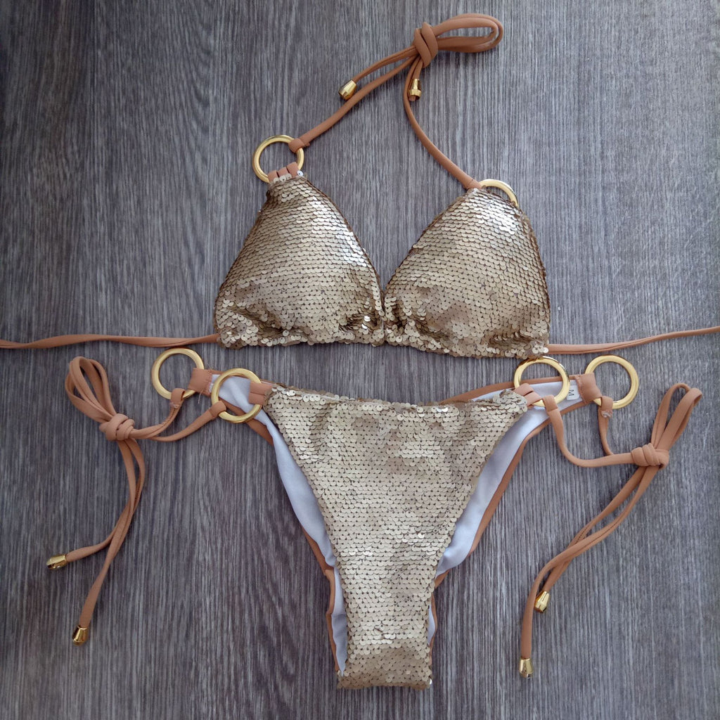 Gold Sequin Triangle Bikini Set with Gold Rings