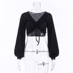 V-Neck Lantern Sleeve Crop Top for Women