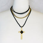 Layered Black Rose Cross Necklace