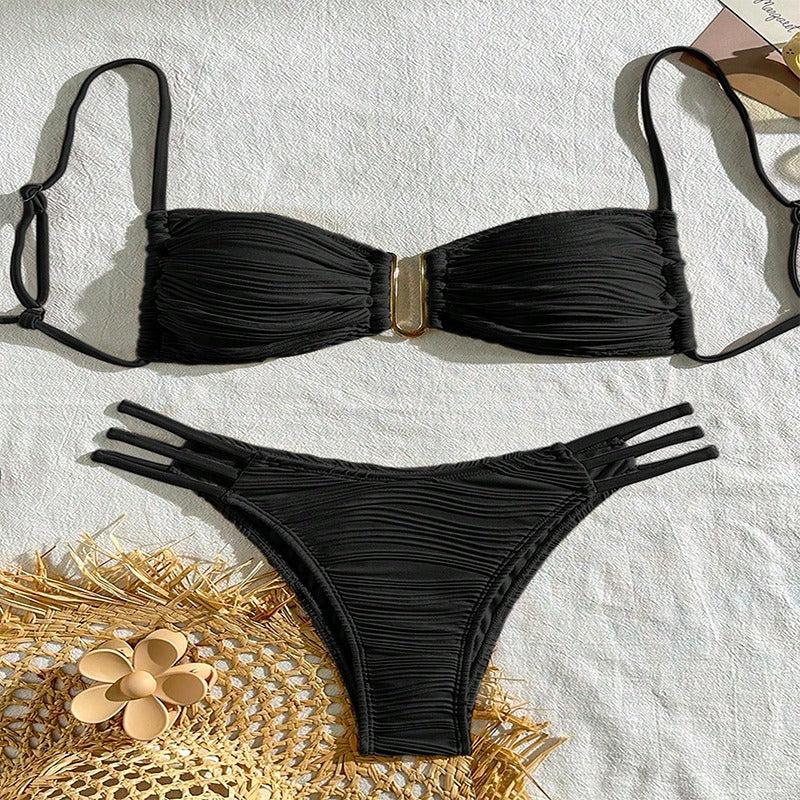 Cream Textured Bandeau Bikini Set
