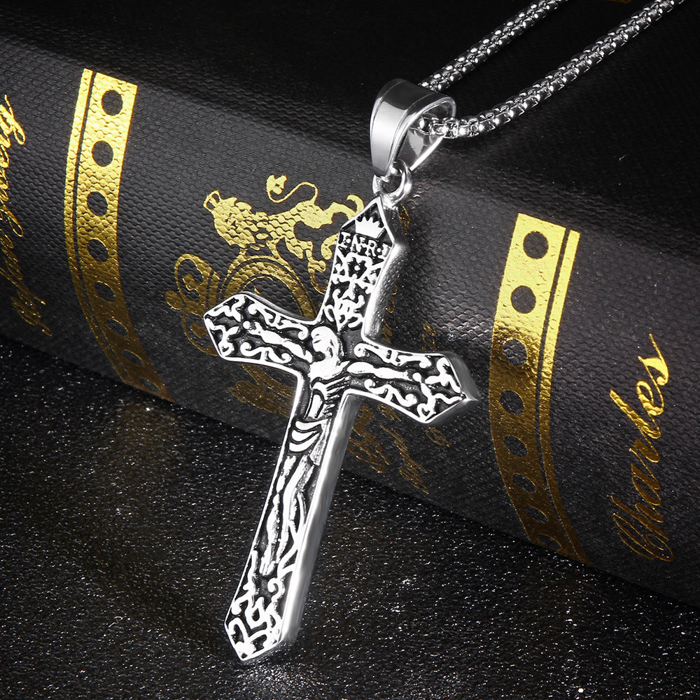 Jesus Cross Pendant Necklace for Men - Titanium Steel Christian Jewelry