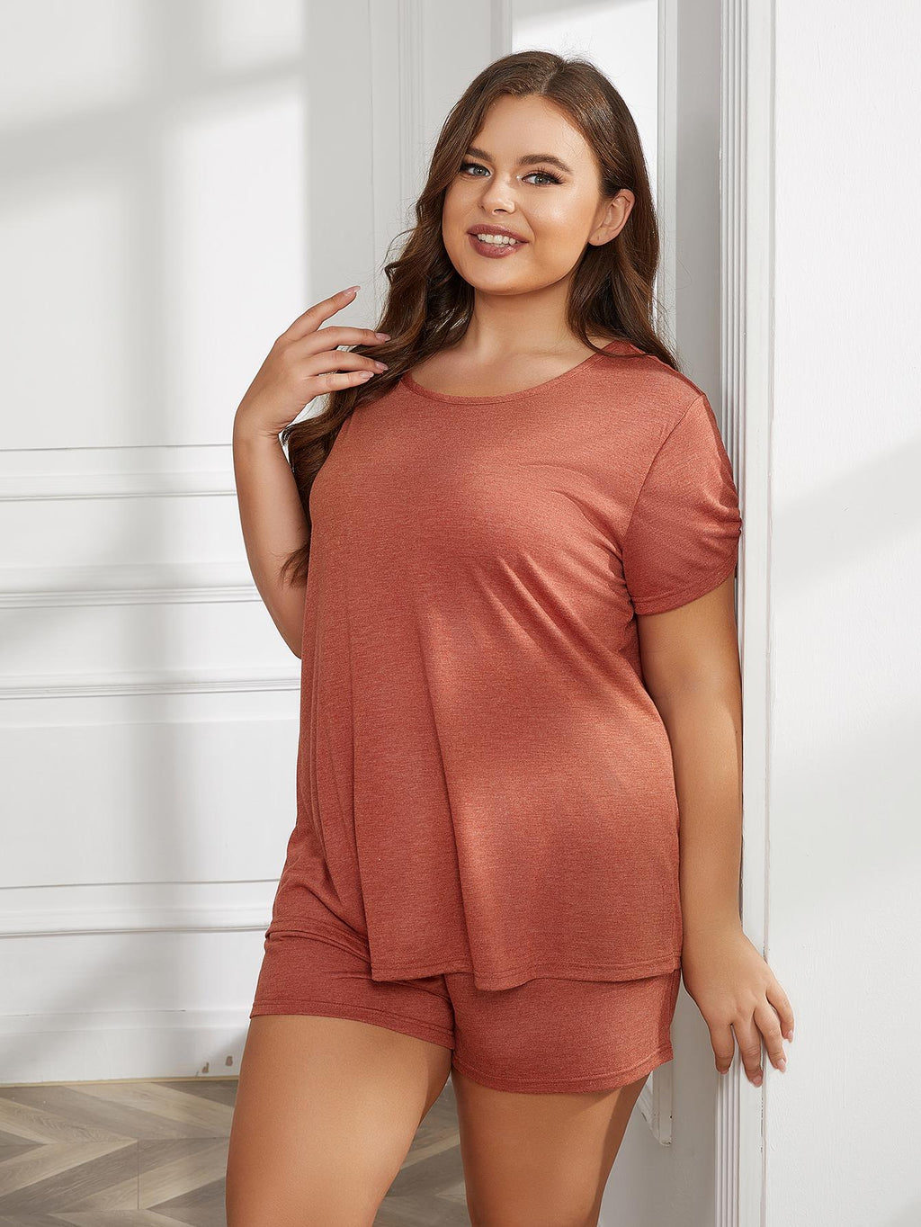 Plus Size Women's Pajama Set - Scoop Neck Tee & Shorts