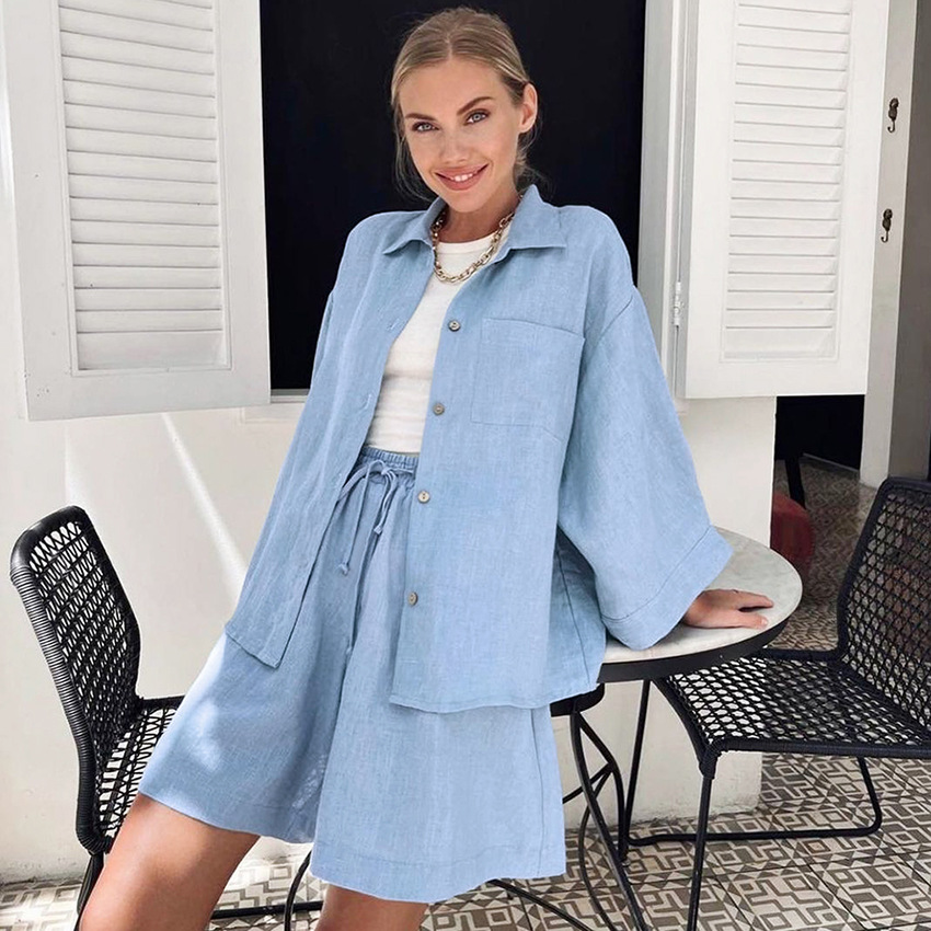 Women's Fashion Casual Loose-fitting Solid Color Long Sleeves Shorts Suit