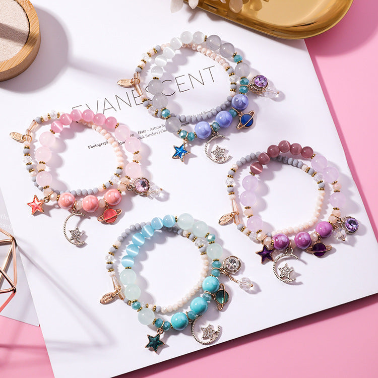 Multi-Layer Bracelet with Star, Moon, and Cat Eye Crystals