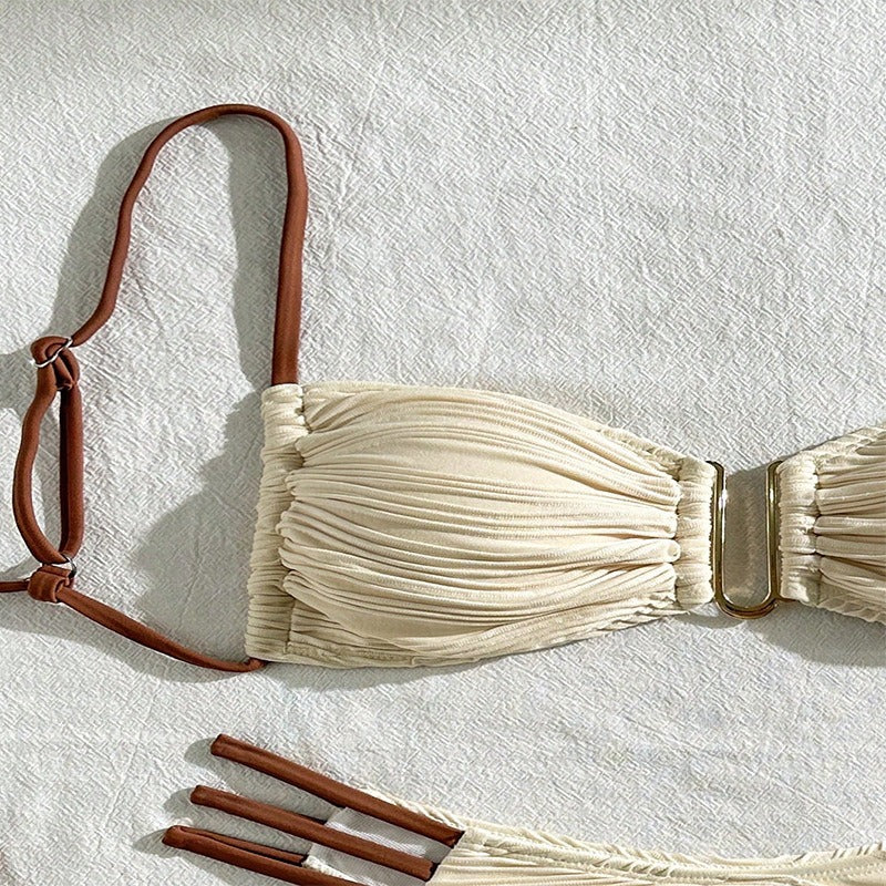 Cream Textured Bandeau Bikini Set