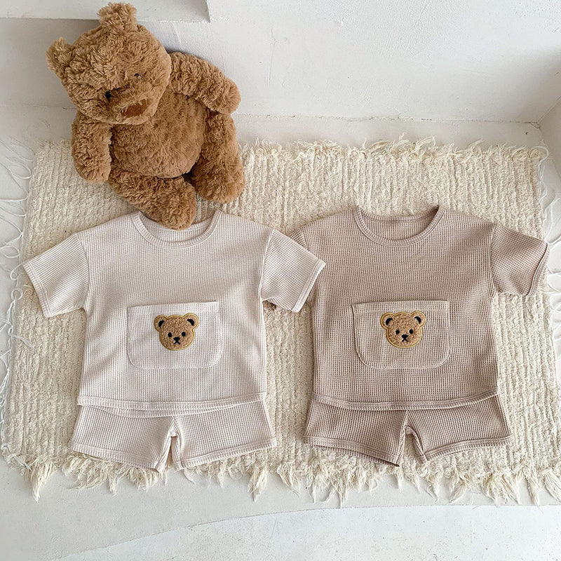 Baby Girls Waffle Bear Tee and Shorts Clothing Set