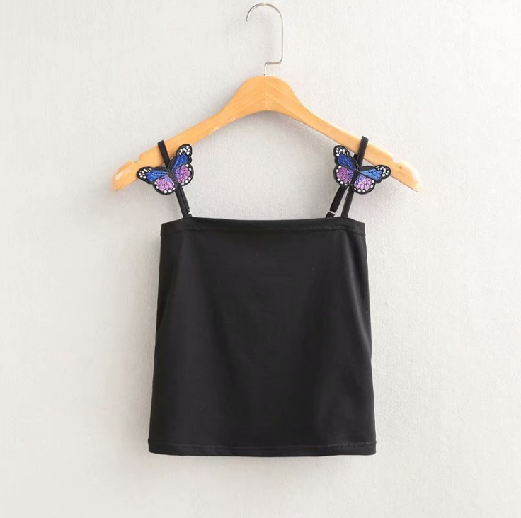 Butterfly Crop Top with 3D Embroidery and Stretch Fabric
