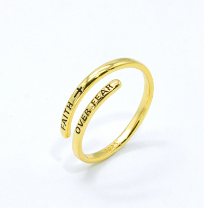 FAITH OVER FEAR Adjustable Silver Bypass Ring | Christian Jewelry