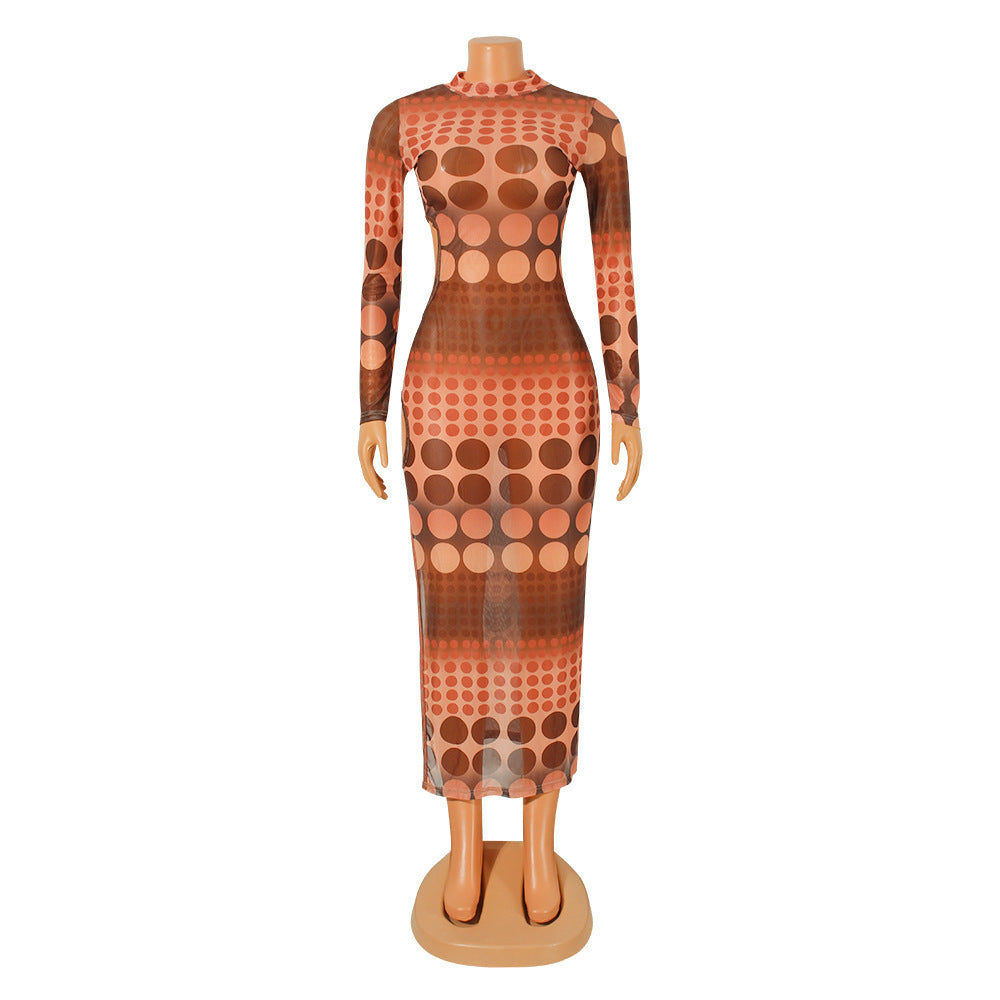 Sheer Polka-Dot Mesh Long-Sleeve Cover-Up Dress