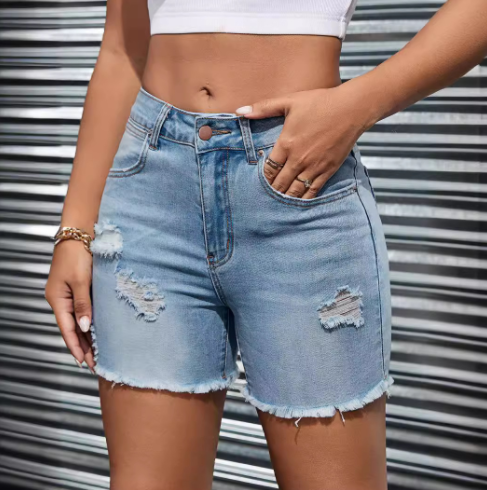 Women's High Waist Denim Shorts with Ripped Pockets