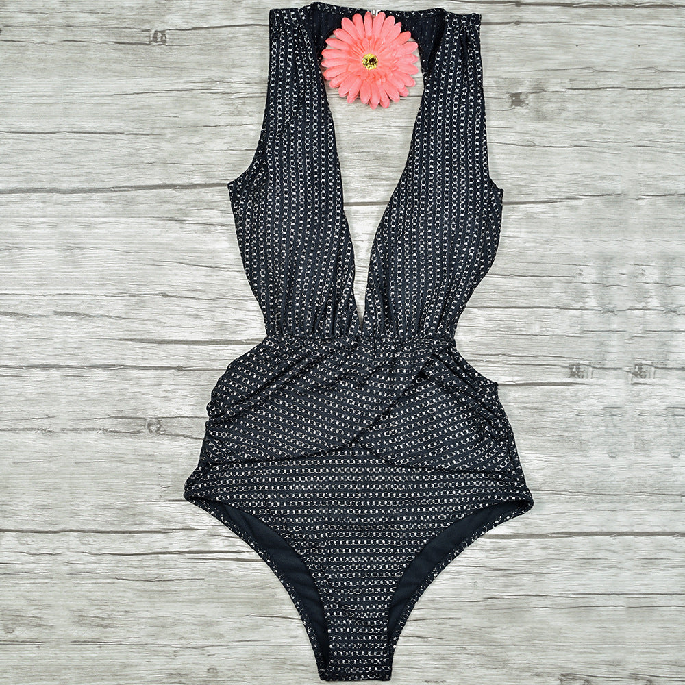 Women's Metallic Deep-V Open-Back One-Piece Swimsuit