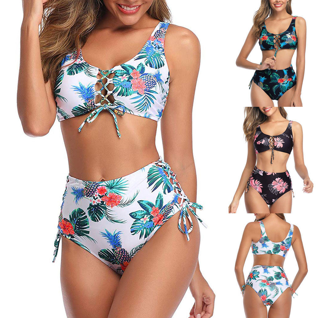 Tropical Lace-Up High-Waist Bikini Set