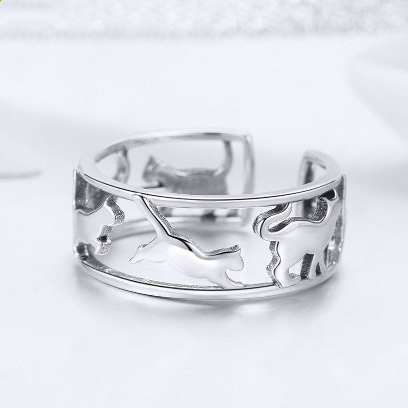 Vintage Silver Cat Couple Open Ring SCR473